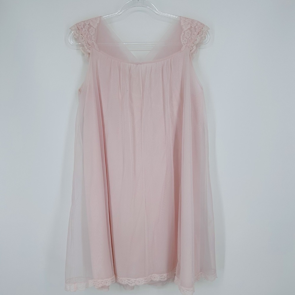 Vintage Vanity Fair Pink Satin Bow Double Nylon Nightgown Womens Size‎ M Lace - Picture 7 of 12
